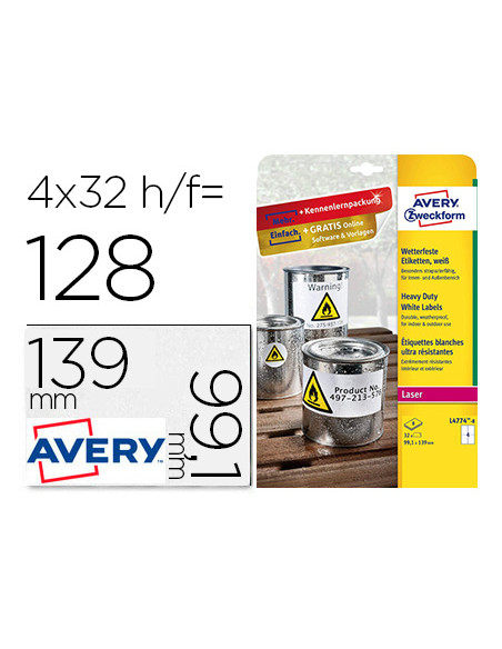 Etiqueta adhesiva resistente avery poliester blanco 99,1x139 mm para impresora laser pack de 32 unidades