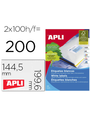 Etiqueta adhesiva apli 2423 tamaño 199,6x144,5 mm fotocopiadora laser ink-jet caja con 100 hojas din a4