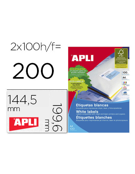 Etiqueta adhesiva apli 2423 tamaño 199,6x144,5 mm fotocopiadora laser ink-jet caja con 100 hojas din a4