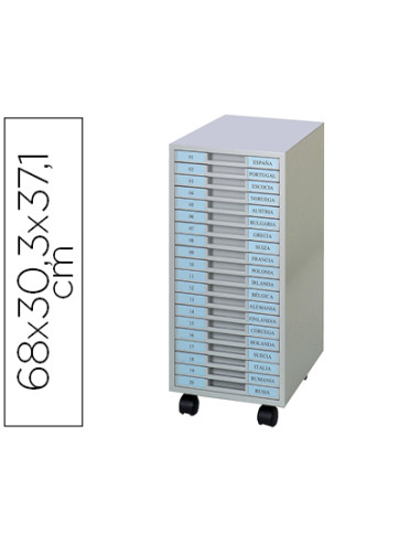 Archivador metalico clen 20 bandejas plastico de 2,5 cm de altura con ruedas color gris claro 680x303x371 mm
