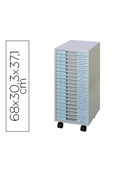 Archivador metalico clen 20 bandejas plastico de 2,5 cm de altura con ruedas color gris claro 680x303x371 mm