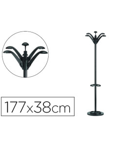 Perchero metalico unilux flora pie 6 colgadores con paraguero y bandeja goteo negro 177x38 cm