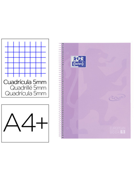 Cuaderno espiral oxford ebook 1 school touch te din a4+ 80 hojas cuadro 5 mm con margen malva pastel