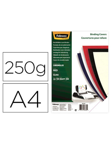 Tapa de encuadernacion fellowes din a4 carton brillo rojo chromolux 250 gr pack de 100 unidades