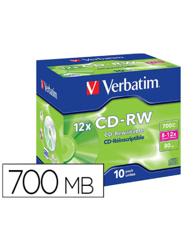Cd-rw verbatim serl capacidad 700mb velocidad 12x 80 min pack de 10 unidades