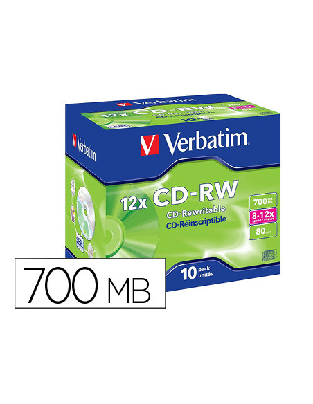 Cd-rw verbatim serl capacidad 700mb velocidad 12x 80 min pack de 10 unidades