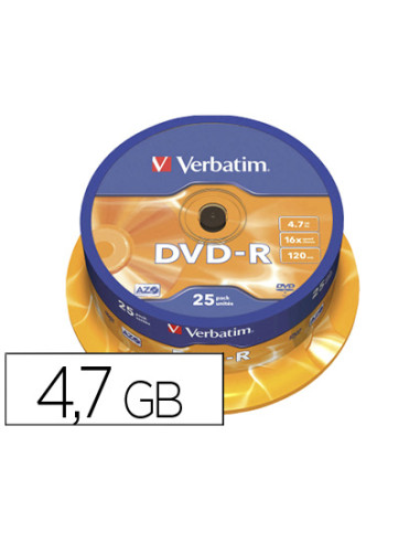 Dvd-r verbatim capacidad 4.7gb velocidad 16x 120 min tarrina de 25 unidades