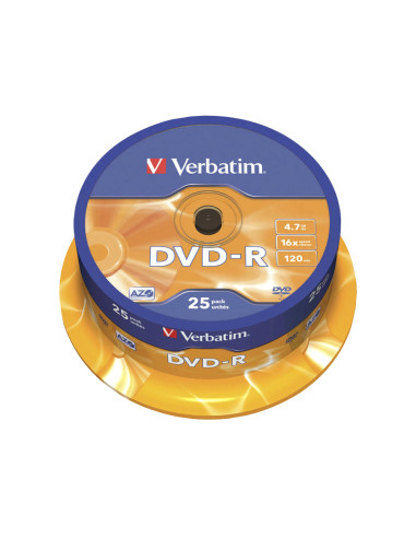 Dvd-r verbatim capacidad 4.7gb velocidad 16x 120 min tarrina de 25 unidades