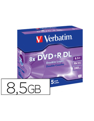 Dvd+r verbatim doble capa capacidad 8.5gb velocidad 8x 240 min pack de 5 unidades