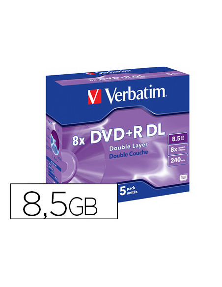Dvd+r verbatim doble capa capacidad 8.5gb velocidad 8x 240 min pack de 5 unidades