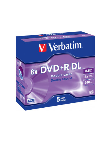 Dvd+r verbatim doble capa capacidad 8.5gb velocidad 8x 240 min pack de 5 unidades