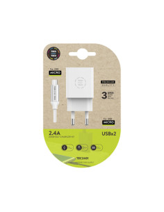 Cargador tech one tech 2.4 doble usb + cable braided nylon micro usb android longitud 1 mt color blanco