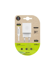 Cargador tech one tech 2.4 doble usb + cable braided nylon micro usb android longitud 1 mt color blanco 2