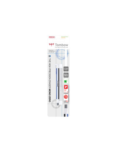 Portagomas tombow mono zero con clip goma rectangular 2,5 x 5 mm color blanco azul y negro