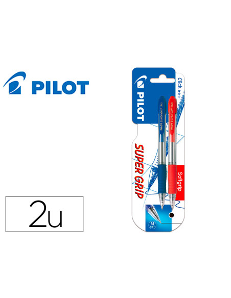 Boligrafo pilot super grip retractil sujecion de caucho tinta base de aceite en blister 1 azul + 1 rojo