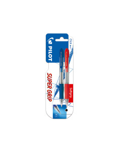 Boligrafo pilot super grip retractil sujecion de caucho tinta base de aceite en blister 1 azul + 1 rojo 2
