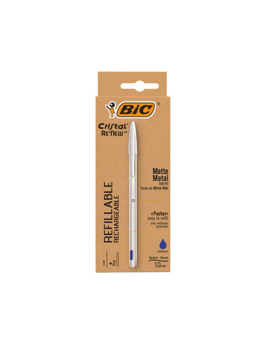 Boligrafo bic cristal renew cuerpo en aluminio mate tinta azul + 2 recambios en caja de carton