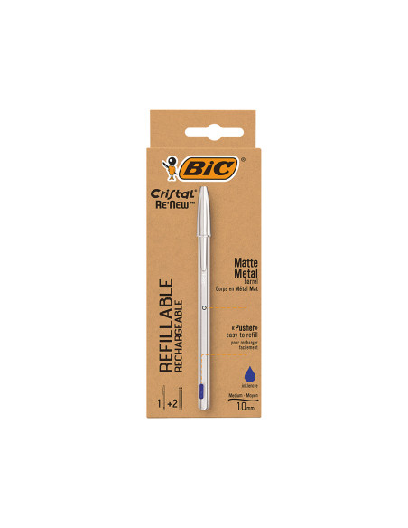 Boligrafo bic cristal renew cuerpo en aluminio mate tinta azul + 2 recambios en caja de carton