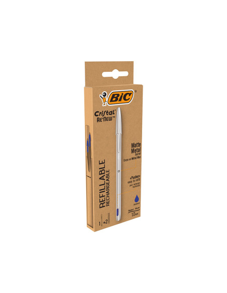 Boligrafo bic cristal renew cuerpo en aluminio mate tinta azul + 2 recambios en caja de carton