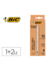 Boligrafo bic cristal renew cuerpo en aluminio mate tinta negro + 2 recambios en caja de carton