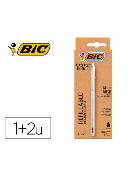 Boligrafo bic cristal renew cuerpo en aluminio mate tinta negro + 2 recambios en caja de carton