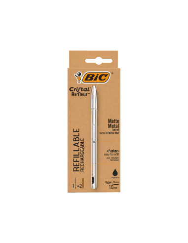 Boligrafo bic cristal renew cuerpo en aluminio mate tinta negro + 2 recambios en caja de carton