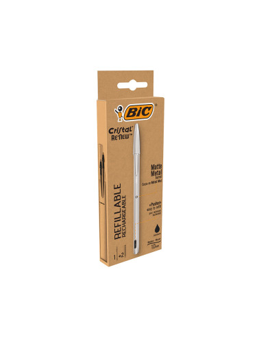 Boligrafo bic cristal renew cuerpo en aluminio mate tinta negro + 2 recambios en caja de carton