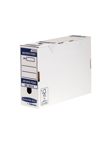Caja archivo definitivo fellowes folio carton reciclado 100% lomo 100 mm montaje automatico color azul
