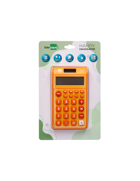 Calculadora liderpapel bolsillo xf10 8 digitos solar y pilas color naranja 115x65x8 mm