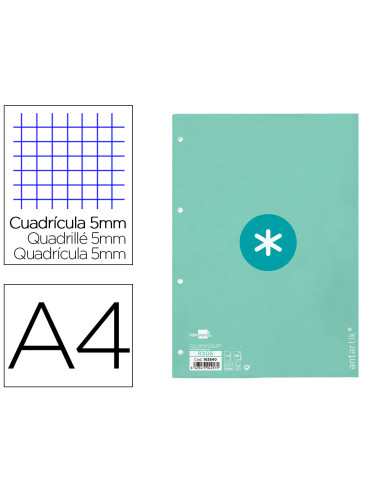 Recambio a4 antartik 80 hojas 90g/m2 cuadro 5 mm 4 taladros 1 banda marco color menta