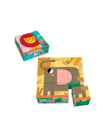 Puzle goula cubos de carton animales selva 6 escenas diferentes 9 piezas