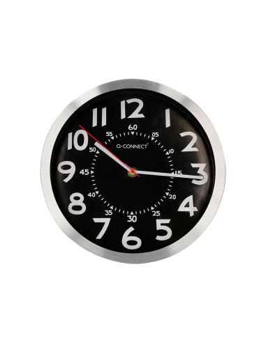 Reloj q-connect de pared metalico redondo 25 cm movimiento silencioso color negro con esfera cromado