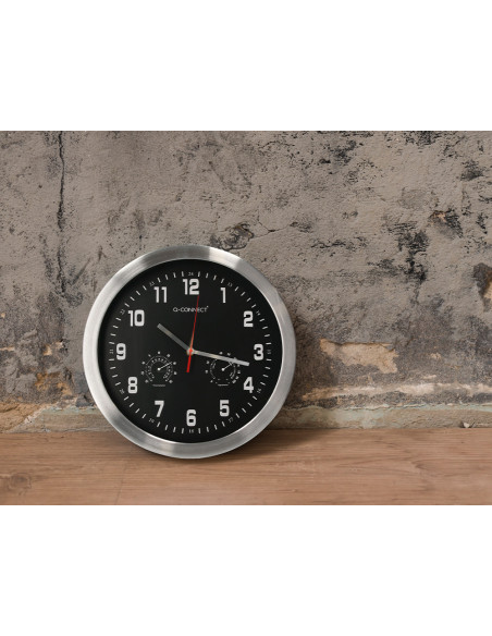 Reloj q-connect de pared metalico redondo 35,5 cm movimiento silencioso color cromado con esfera negra