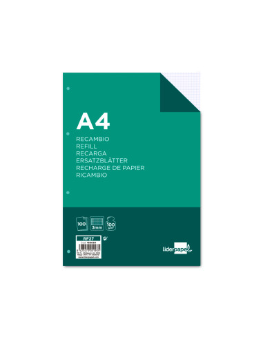 Recambio liderpapel a4 100 hojas 100g/m2 cuadro 3mm con margen 4 taladros