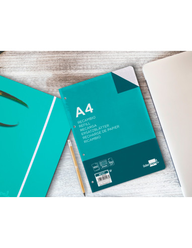 Recambio liderpapel a4 100 hojas 100g/m2 cuadro 3mm con margen 4 taladros