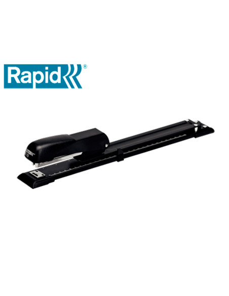 Grapadora rapid e15 metalica brazo largo capacidad 20 hojas usa grapas 24/6 y 26/26 color negro