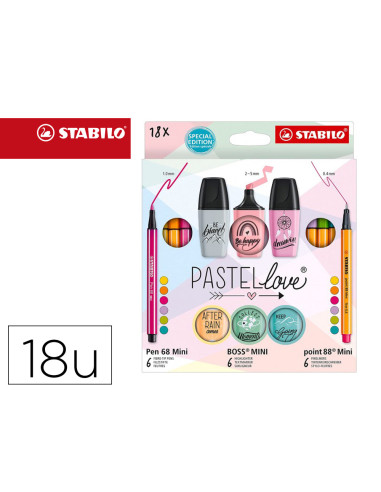 Set stabilo pastel love mini world pen 68 / point 88 / boss 18 unidades surtidas