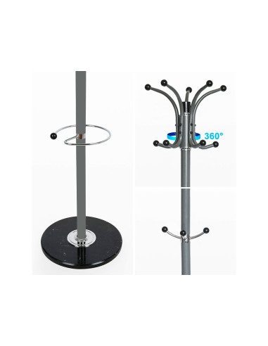 Perchero metalico q-connect gris de pie 10 colgadores y paraguero 174x40cm