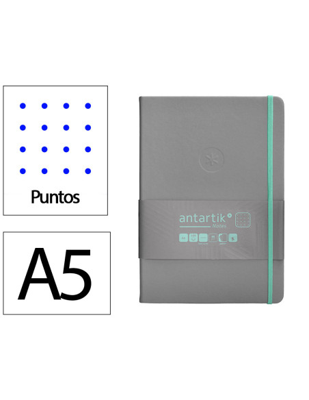 Cuaderno con gomilla antartik notes tapa dura a5 hojas puntos gris y turquesa 100 hojas 80 gr fsc