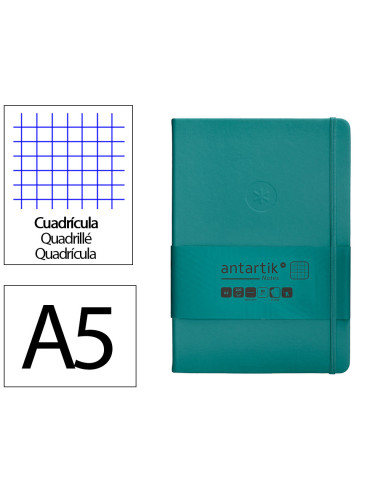 Cuaderno con gomilla antartik notes tapa dura a5 hojas cuadricula verde aguamarina 100 hojas 80 gr