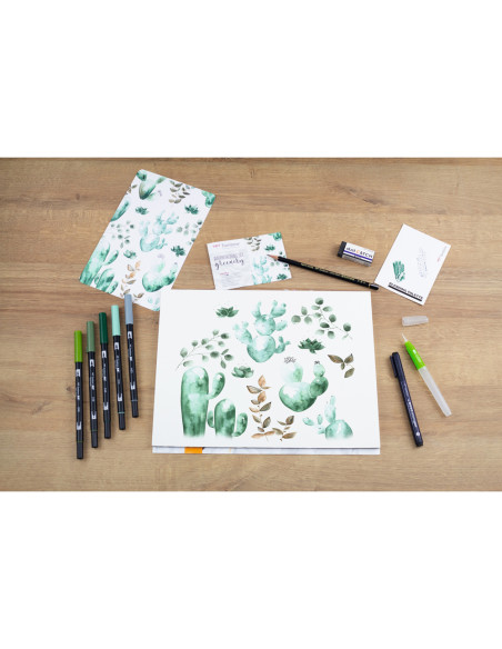 Set watercoloring tombow greenery 9 piezas