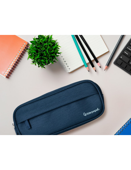 Estuche portatodo liderpapel classic ovalado 2 cremalleras con bolsillo delantero 210x90mm azul marino