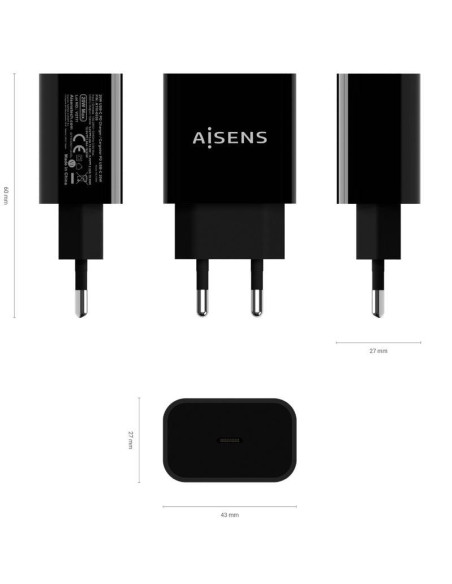 Cargador de Pared Aisens A110-0538/ 1xUSB Tipo-C PD3.0/ 20W/ Negro