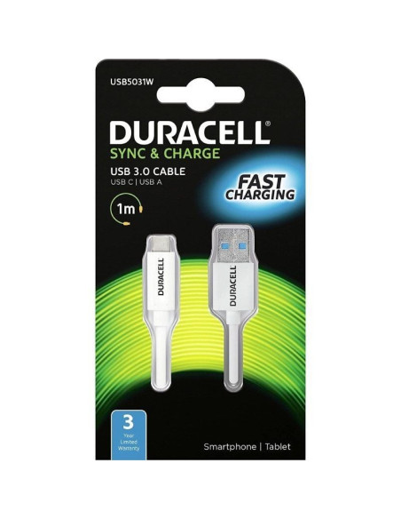 Cable USB 3.0 Tipo-C Duracell USB5031W/ USB Tipo-C Macho - USB Macho/ 1m/ Blanco