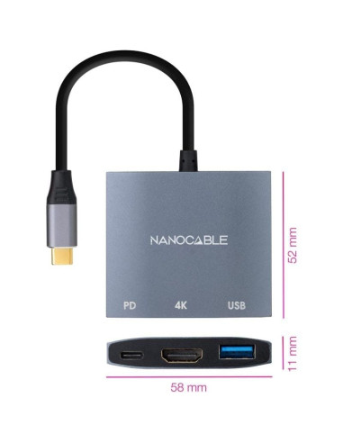 Conversor Nanocable 10.16.4306 USB Tipo-C/ HDMI 4K Hembra - USB Hembra - USB Tipo-C PD/ 15cm/ Gris