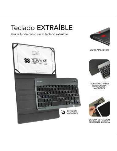 Funda con Teclado Subblim Keytab Pro Bluetooth para Tablets de 10.1"-10.8"/ Gris