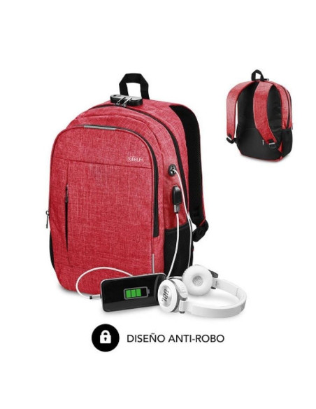 Mochila Subblim Urban Lock para Portátiles hasta 16"/ Puerto USB/ Antirrobo/ Rojo