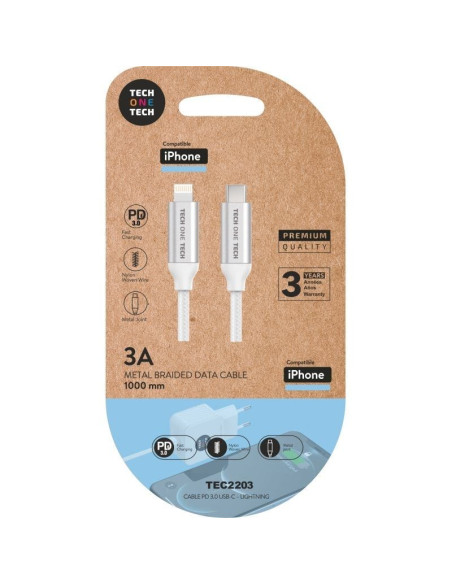Cable USB Tipo-C 2.0 Lightning Tech One Tech TEC2203/ Lightning Macho - USB Tipo-C Macho/ 1m/ Blanco