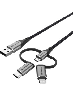 Cable USB 2.0 Tipo-C Vention CQJHF/ USB Macho/ USB Tipo-C Macho - MicroUSB Macho - Lightning Macho/ 480Mbps/ 1m/ Gris