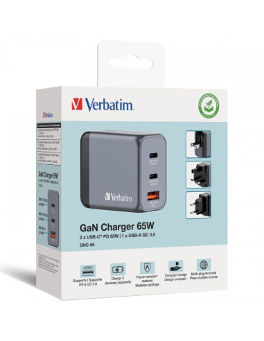 Cargador de Pared Universal Verbatim GNC-65/ 2xUSB Tipo-C/ 1xUSB/ 65W